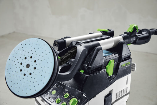 Festool PLANEX Langhalsschleifer mit Werkzeughalter WHR-CT LHS 2, Schleifteller und Absauganlage mit Bedienelementen.