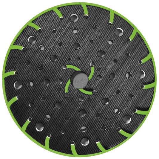 Festool FUSION-TEC ST D150 Schleifteller mit grünem Rand und MULTI-JETSTREAM 2 Kanalstruktur für optimale Absaugung.