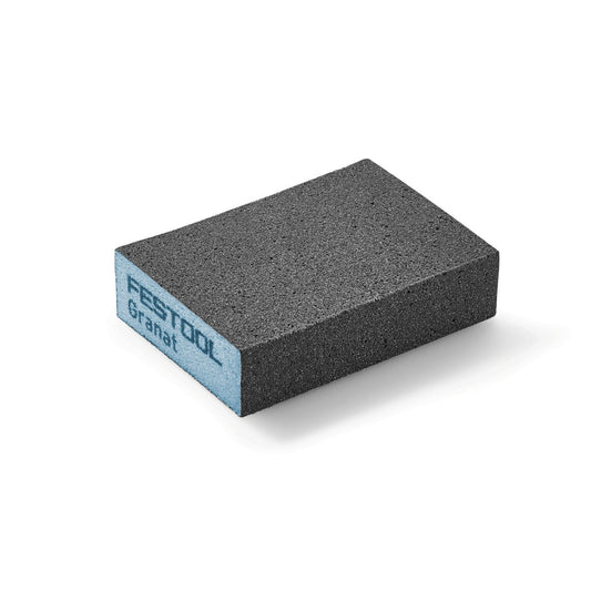 Festool Handschleifblock Granat, rechteckig, grauer Schleifblock mit blauem Beschriftungsfeld, Frontansicht.