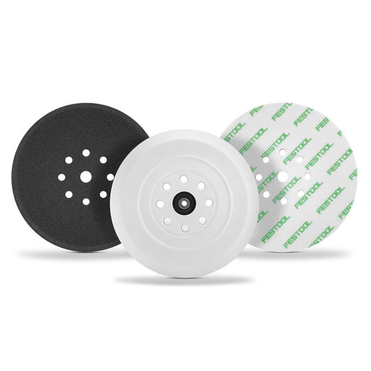 Festool Schleifteller Set mit weißem Schleifteller, schwarzem Schleifbelag und Klettbelag-Pad mit Festool-Branding.
