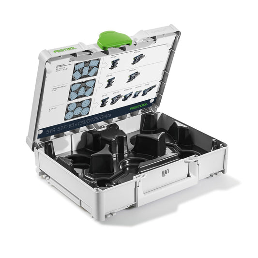 Festool Systainer³ SYS-STF mit geöffnetem Deckel, Schleifmittel-Aufnahmen und schwarzen Fächern für Schleifmittel-Sortierung