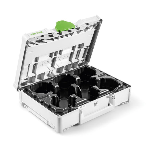 Festool Systainer³ SYS-STF-D77/D90/93V geöffnet mit schwarzen Fächern für Schleifmittel sortiert nach Größen.