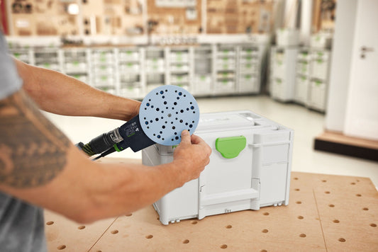 Festool Systainer³ SYS-STF D150 mit blauer Schleifplatte Ø 150 mm in Handschleifer, offene Aufbewahrungsbox mit grünem