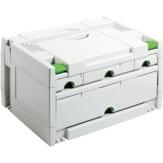 Festool SORTAINER SYS 3-SORT/4 weiß mit 4 Schubladen, grünen Griffen und Trennstegen für Kleinteile.