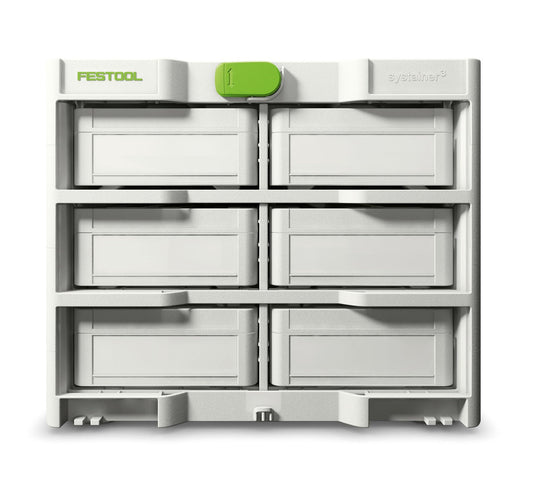 Festool Systainer³ Rack SYS3-RK/6 M 337 mit 6 Mini-Systainern, Frontansicht des mobilen Ordnungssystems mit grünem