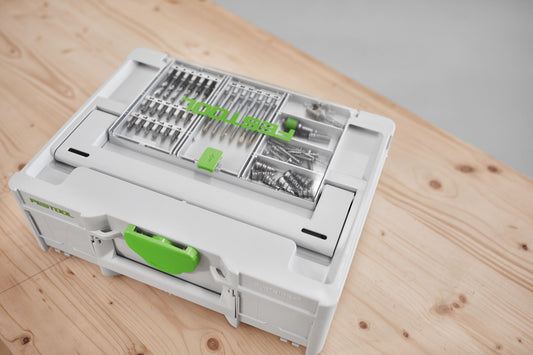 Festool Bitkassette BKS SYS3 100mm CE im Systainer mit CENTROTEC Bits sortiert, Draufsicht auf weißem Holztisch