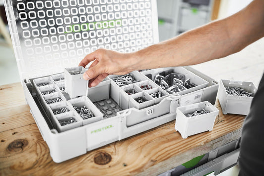Festool Einsatzboxen Box 100x100x68 gefüllt mit Schrauben und Befestigungsmaterial im Systainer Organizer