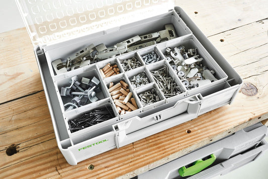 Festool Einsatzboxen Box 50x50x68 Organizer mit Schrauben, Nägeln, Dübeln und Bits sortiert in Kunststoffboxen.
