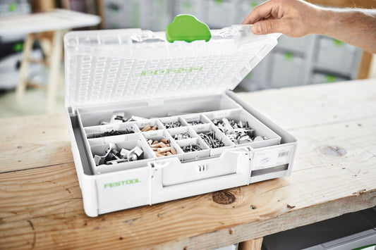 Festool Systainer³ Organizer SYS3 ORG L 89 mit transparentem Deckel und 10 Einsatzboxen für Kleinteile, geöffnet auf