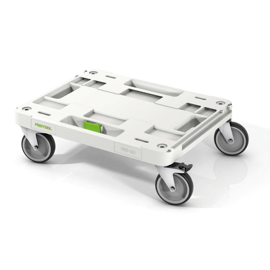 Festool Rollbrett SYS-RB mit vier Lenkrollen, grünem Bedienelement und Griffen zur Systemerunterstützung.
