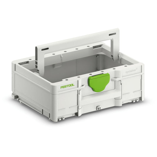 Festool Systainer³ ToolBox SYS3 TB M 137 mit einklappbarem Tragegriff und geräumigem Innenfach, offen dargestellt.