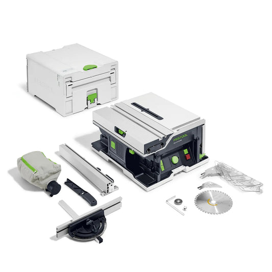 Festool CSC SYS 50 EB-Basic Akku-Tischkreissäge mit Systainer, Schiebeschlitten, Sägeblatt und Zubehör