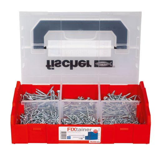 Offene fischer FIXtainer Sortimentsbox mit verschiedenen Schraubengrößen für Holzverbindungen