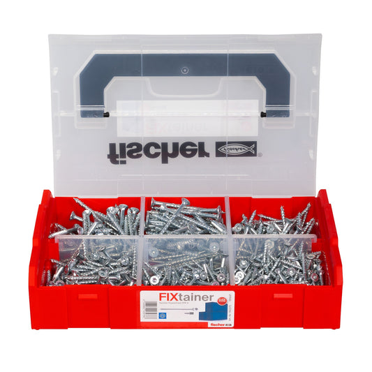 Offene FIXtainer Box mit sortierten fischer PowerFast II Schrauben in verschiedenen Größen