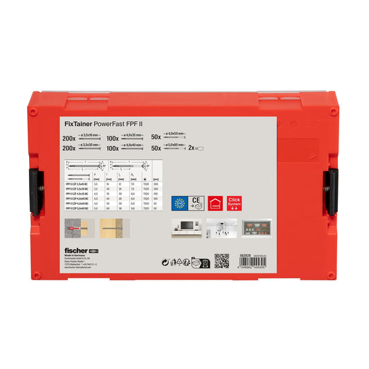 Fischer PowerFast II Schraubenbox – Inhalt & technische Details auf Etikett, 702 Teile in roter Sortimentsbox