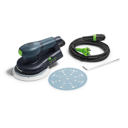 Festool ETS EC 150/3 EQ Exzenterschleifer mit Schleifteller, Stromkabel und Schleifmittel im Lieferumfang.