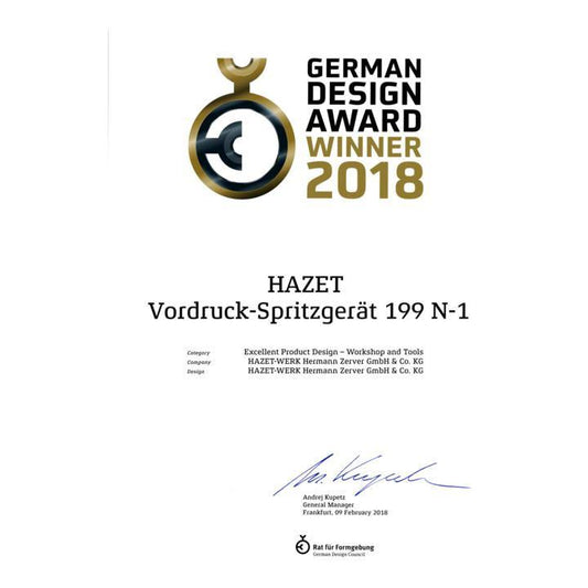 German Design Award Winner 2018 Zertifikat für HAZET Vordruck-Spritzgerät 199N-1
